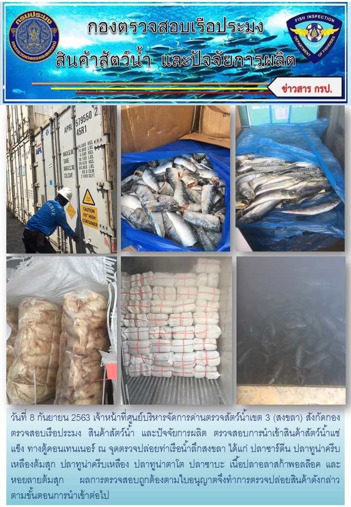 เจ้าหน้าที่ศูนย์บริหารจัดการด่านตรวจสัตว์น้ำเขต 3 (สงขลา) สังกัดกองตรวจสอบเรือประมง สินค้าสัตว์น้ำ และปัจจัยการผลิต ตรวจสอบการนำเข้าสินค้าสัตว์น้ำประเภทตู้คอนเทนเนอร์ ณ จุดตรวจปล่อยท่าเรือน้ำลึกสงขลา..คลิก