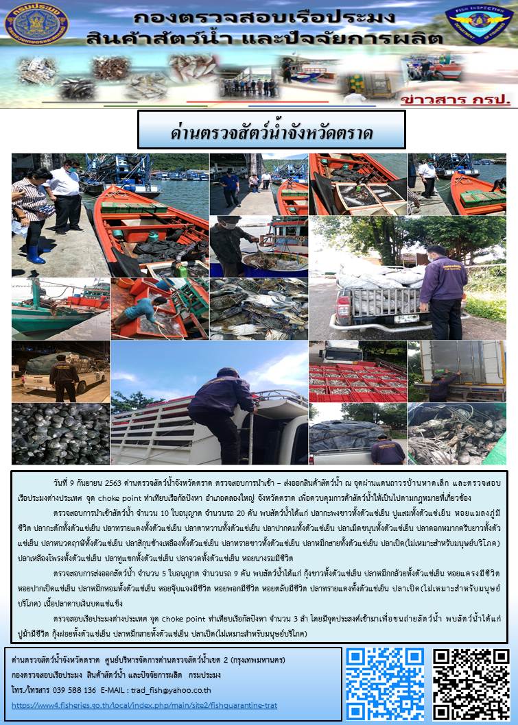 วันที่ 9 กันยายน 2563 ด่านตรวจสัตว์น้ำจังหวัดตราด ตรวจสอบการนำเข้า – ส่งออกสินค้าสัตว์น้ำ ณ จุดผ่านแดนถาวรบ้านหาดเล็ก และตรวจสอบเรือประมงต่างประเทศ จุด choke point ท่าเทียบเรือกัลปังหา อำเภอคลองใหญ่ จังหวัดตราด เพื่อควบคุมการค้าสัตว์น้ำให้เป็นไปตามกฎหมายที่เกี่ยวข้อง..คลิก