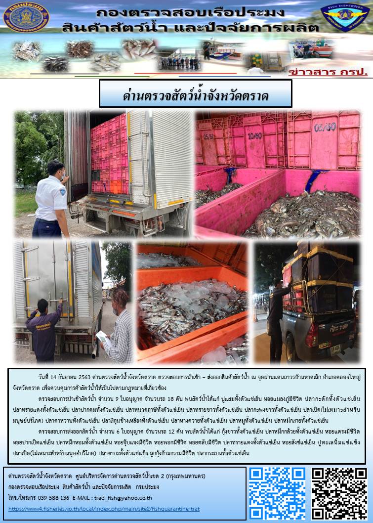 วันที่ 14 กันยายน 2563 ด่านตรวจสัตว์น้ำจังหวัดตราด ตรวจสอบการนำเข้า – ส่งออกสินค้าสัตว์น้ำ ณ จุดผ่านแดนถาวรบ้านหาดเล็ก อำเภอคลองใหญ่ จังหวัดตราด เพื่อควบคุมการค้าสัตว์น้ำให้เป็นไปตามกฎหมายที่เกี่ยวข้อง..คลิก