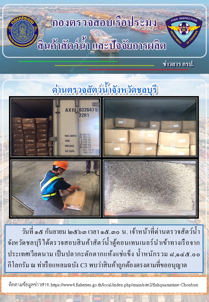 การปฏิบัติงานตรวจสอบสินค้าสัตว์น้ำตู้คอนเทรนเนอร์นำเข้าทางเรือประจำวันที่ 15 กันยายน 2563..คลิก
