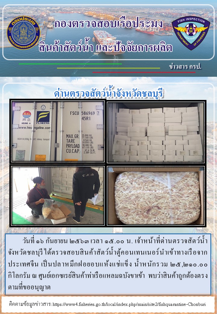 การปฏิบัติงานตรวจสอบสินค้าสัตว์น้ำตู้คอนเทรนเนอร์นำเข้าทางเรือประจำวันที่ 16 กันยายน 2563..คลิก