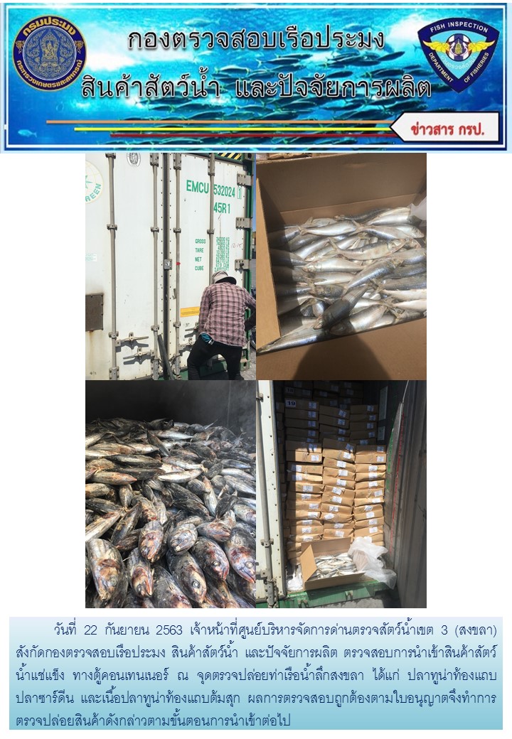 เจ้าหน้าที่ศูนย์บริหารจัดการด่านตรวจสัตว์น้ำเขต 3 (สงขลา)  สังกัดกองตรวจสอบเรือประมง สินค้าสัตว์น้ำ และปัจจัยการผลิต ตรวจสอบการนำเข้าสินค้าสัตว์น้ำประเภทตู้คอนเทนเนอร์ ณ จุดตรวจปล่อยท่าเรือน้ำลึกสงขลา..คลิก