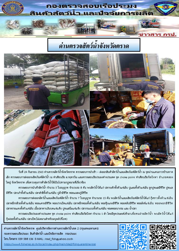 วันที่ 24 กันยายน 2563 ด่านตรวจสัตว์น้ำจังหวัดตราด ตรวจสอบการนำเข้า – ส่งออกสินค้าสัตว์น้ำและผลิตภัณฑ์สัตว์น้ำ ณ จุดผ่านแดนถาวรบ้านหาดเล็ก ตรวจสอบการส่งออกผลิตภัณฑ์สัตว์น้ำ ณ ท่าเทียบเรือ ส.กฤตรวัณ และตรวจสอบเรือประมงต่างประเทศ จุด choke point ท่าเทียบเรือกัลปังหา อำเภอคลองใหญ่ จังหวัดตราด เพื่อควบคุมการค้าสัตว์น้ำให้เป็นไปตามกฎหมายที่เกี่ยวข้อง..คลิก