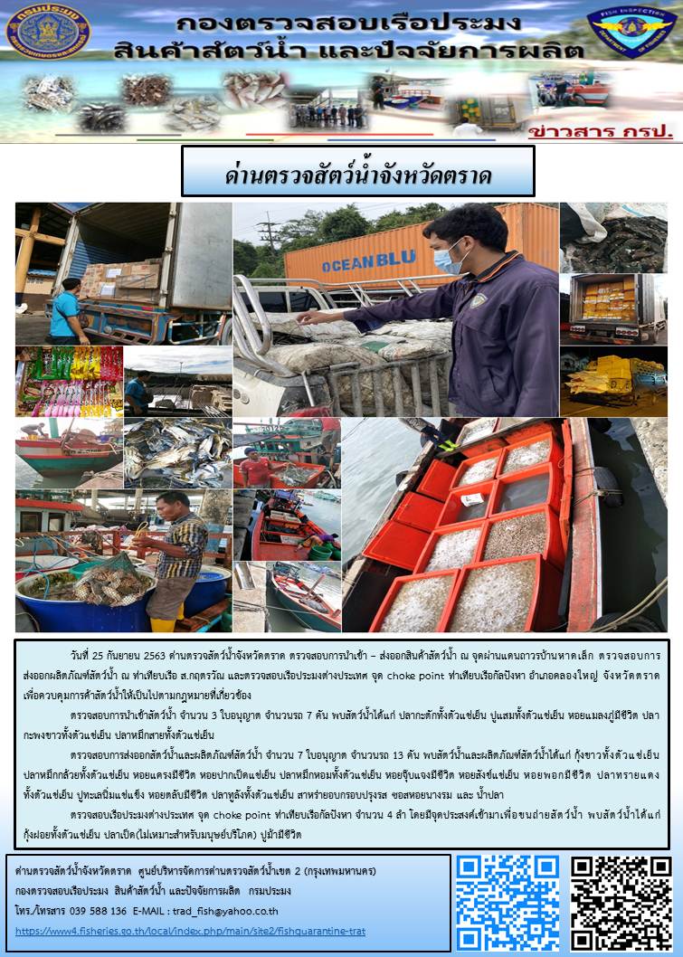 วันที่ 25 กันยายน 2563 ด่านตรวจสัตว์น้ำจังหวัดตราด ตรวจสอบการนำเข้า – ส่งออกสินค้าสัตว์น้ำ ณ จุดผ่านแดนถาวรบ้านหาดเล็ก ตรวจสอบการส่งออกผลิตภัณฑ์สัตว์น้ำ ณ ท่าเทียบเรือ ส.กฤตรวัณ และตรวจสอบเรือประมงต่างประเทศ จุด choke point ท่าเทียบเรือกัลปังหา อำเภอคลองใหญ่ จังหวัดตราด เพื่อควบคุมการค้าสัตว์น้ำให้เป็นไปตามกฎหมายที่เกี่ยวข้อง..คลิก