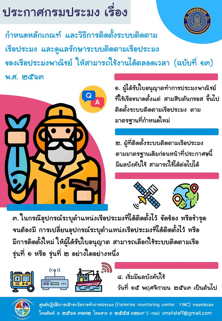 จากประกาศกรมประมง เมื่อวันที่ 16 กันยายน 2563 เรื่อง  กำหนดหลักเกณฑ์และวิธีการติดตั้งระบบติดตามเรือประมง และดูแลรักษาระบบติดตามเรือประมงของเรือประมงพาณิชย์ให้สามารถใช้งานได้ตลอดเวลา (ฉบับที่ 13) พ.ศ. 2563 !! จะเริ่มมีผลบังคับใช้ วันที่ 15 พฤศจิกายน 2563 !!
