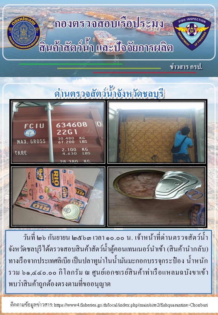 การปฏิบัติงานตรวจสอบสินค้าสัตว์น้ำตู้คอนเทรนเนอร์นำเข้าทางเรือประจำวันที่ 26 กันยายน 2563..คลิก