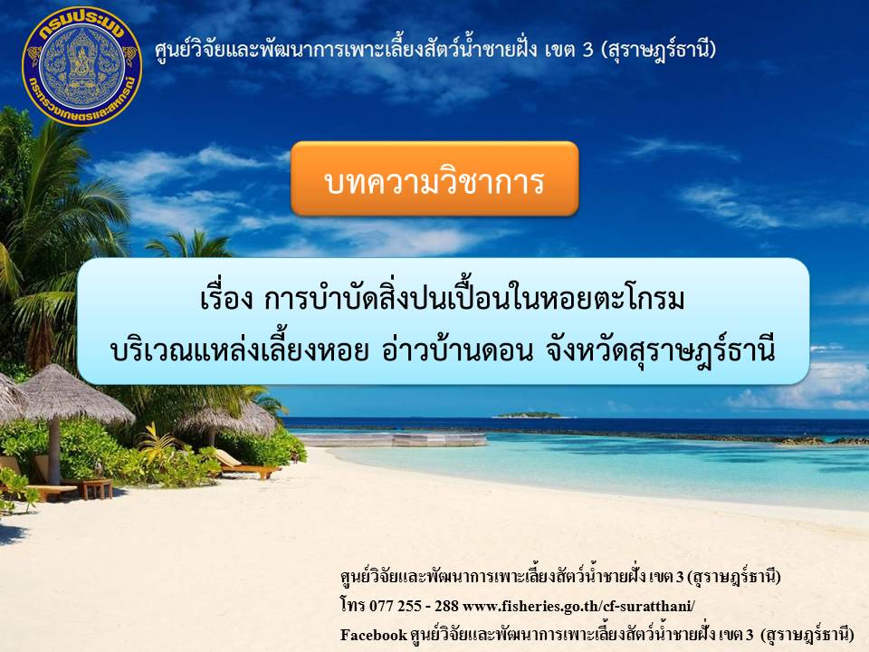 บทความวิชาการ เรื่อง การบำบัดสิ่งปนเปื้อนในหอยตะโกรมบริเวณแหล่งเลี้ยงหอย อ่าวบ้านดอน จังหวัดสุราษฎร์ธานี