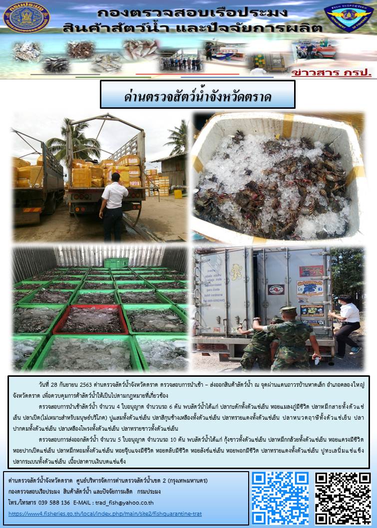 วันที่ 28 กันยายน 2563 ด่านตรวจสัตว์น้ำจังหวัดตราด ตรวจสอบการนำเข้า – ส่งออกสินค้าสัตว์น้ำ ณ จุดผ่านแดนถาวรบ้านหาดเล็ก อำเภอคลองใหญ่ จังหวัดตราด เพื่อควบคุมการค้าสัตว์น้ำให้เป็นไปตามกฎหมายที่เกี่ยวข้อง..คลิก