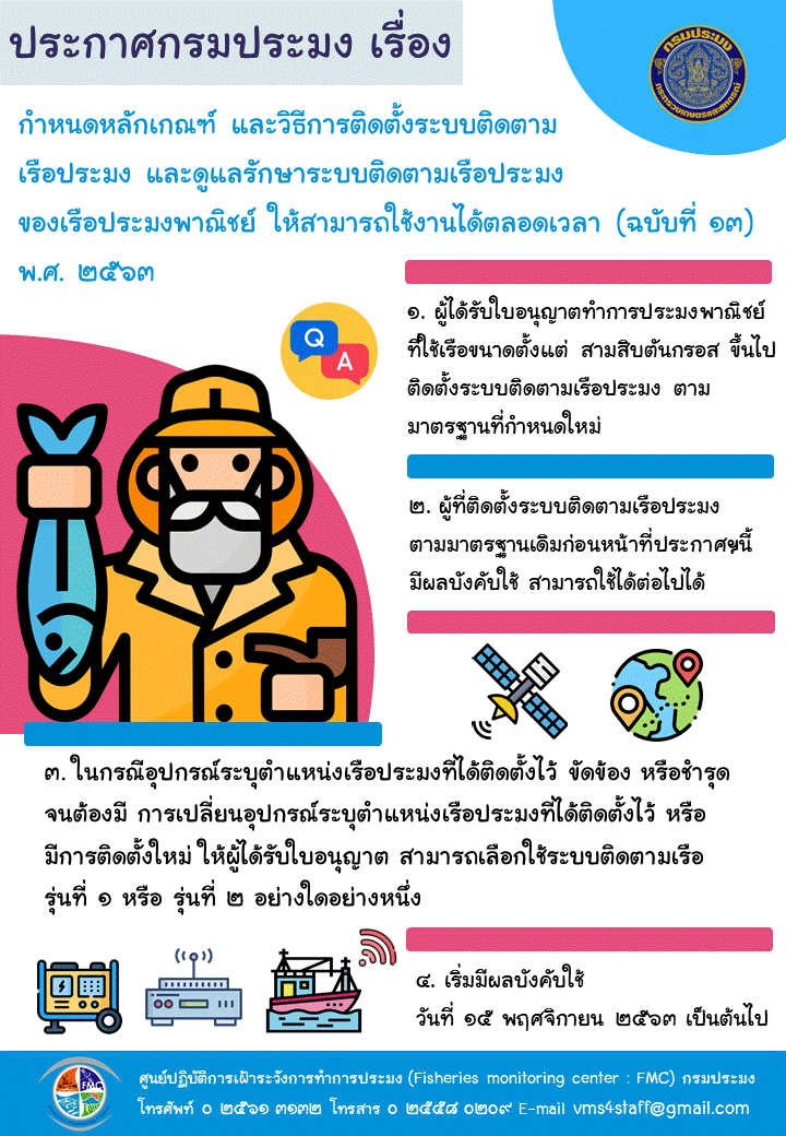 ประกาศกรมประมง เรื่อง กำหนดหลักเกณฑ์และวิธีการติดตั้งระบบติดตามเรือประมงและดูแลรักษาระบบติดตามเรือประมงของเรือประมงพาณิชย์ให้สามารถใช้งานได้ตลอดเวลา (ฉบับที่ 13) พ.ศ. 2563