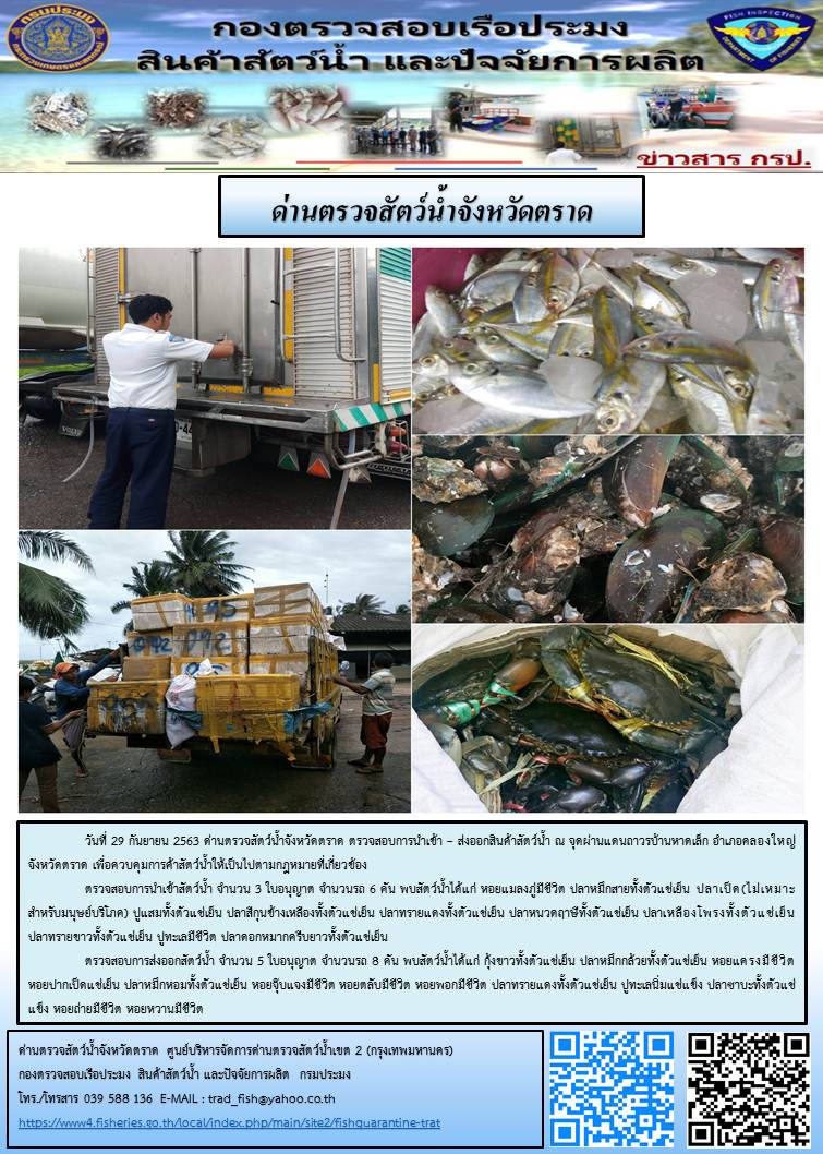 วันที่ 29 กันยายน 2563 ด่านตรวจสัตว์น้ำจังหวัดตราด ตรวจสอบการนำเข้า – ส่งออกสินค้าสัตว์น้ำ ณ จุดผ่านแดนถาวรบ้านหาดเล็ก อำเภอคลองใหญ่ จังหวัดตราด เพื่อควบคุมการค้าสัตว์น้ำให้เป็นไปตามกฎหมายที่เกี่ยวข้อง..คลิก