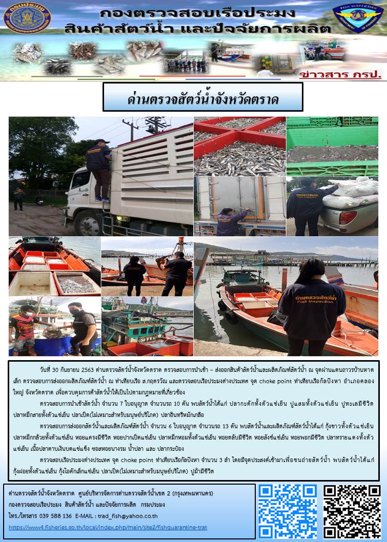 วันที่ 30 กันยายน 2563 ด่านตรวจสัตว์น้ำจังหวัดตราด ตรวจสอบการนำเข้า – ส่งออกสินค้าสัตว์น้ำและผลิตภัณฑ์สัตว์น้ำ ณ จุดผ่านแดนถาวรบ้านหาดเล็ก ตรวจสอบการส่งออกผลิตภัณฑ์สัตว์น้ำ ณ ท่าเทียบเรือ ส.กฤตรวัณ และตรวจสอบเรือประมงต่างประเทศ จุด choke point ท่าเทียบเรือกัลปังหา อำเภอคลองใหญ่ จังหวัดตราด เพื่อควบคุมการค้าสัตว์น้ำให้เป็นไปตามกฎหมายที่เกี่ยวข้อง..คลิก