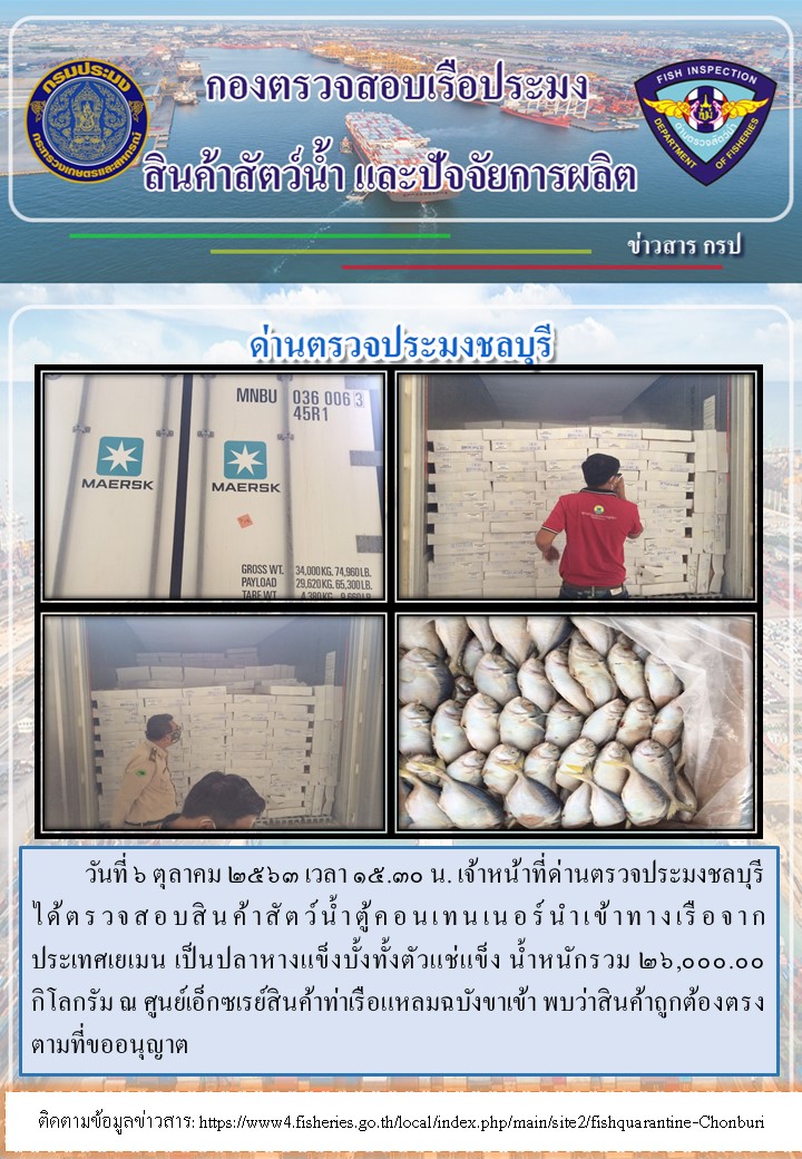การปฏิบัติงานตรวจสอบสินค้าสัตว์น้ำตู้คอนเทรนเนอร์นำเข้าทางเรือประจำวันที่ 6 ตุลาคม 2563..คลิก