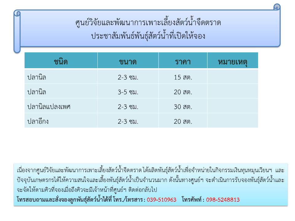 ประชาสัมพันธ์พันธุ์สัตว์น้ำที่เปิดให้จอง เดือน สิงหาคม - กันยายน2563..คลิก
