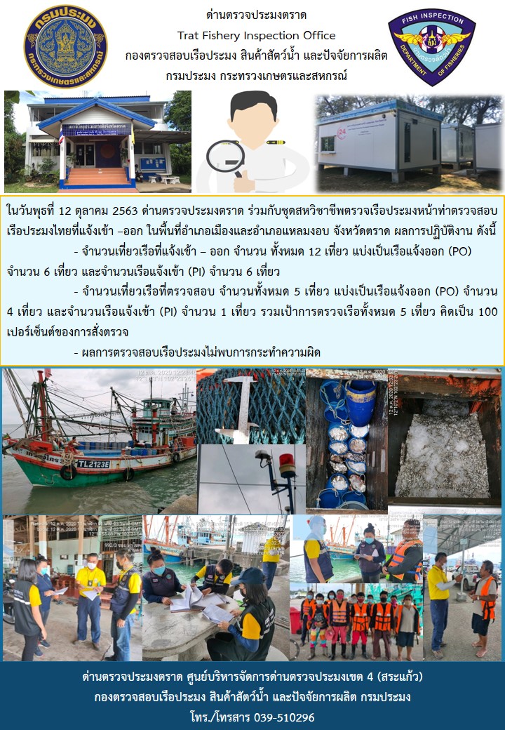 วันที่ 12 ตุลาคม 2563 ด่านตรวจประมงตราด ตรวจสอบการนำเข้า – ส่งออกสินค้าสัตว์น้ำและผลิตภัณฑ์สัตว์น้ำ ณ จุดผ่านแดนถาวรบ้านหาดเล็ก ตรวจสอบเรือประมงต่างประเทศ ร่วมกับ ศุลกากรคลองใหญ่ ตำรวจตรวจคนเข้าเมือง จุด choke point ท่าเทียบเรือกัลปังหา อำเภอคลองใหญ่ จังหวัดตราด และ ตรวจสอบเรือประมงไทย ที่แจ้งเข้า - ออกผ่านระบบ Fishing info2 ร่วมกับชุดสหวิชาชีพ กรมเจ้าท่า กรมจัดหางาน กรมสวัสดิการ และคุ้มครองแผนงาน และล่ามภาษากัมพูชา เขตพื้นที่อำเภอคลองใหญ่ พื้นที่อำเภอเมืองและอำเภอแหลมงอบ จังหวัดตราด..คลิก