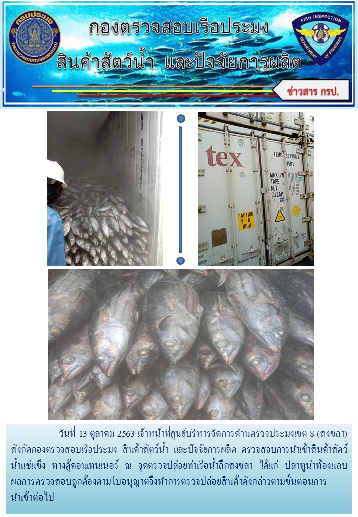 เจ้าหน้าที่ศูนย์บริหารจัดการด่านตรวจประมงเขต 8 (สงขลา) สังกัดกองควบคุมการค้าสัตว์น้ำและปัจจัยการผลิต ตรวจสอบการนำเข้าสินค้าสัตว์น้ำประเภทตู้คอนเทนเนอร์ ณ จุดตรวจปล่อยท่าเรือน้ำลึกสงขลา..คลิก