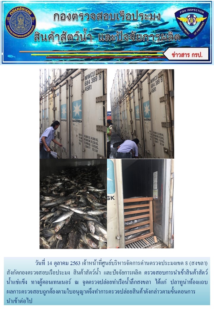 เจ้าหน้าที่ศูนย์บริหารจัดการด่านตรวจประมงเขต 8 (สงขลา) สังกัดกองตรวจสอบเรือประมง สินค้าสัตว์น้ำ และปัจจัยการผลิต ตรวจสอบการนำเข้าสินค้าสัตว์น้ำประเภทตู้คอนเทนเนอร์ ณ จุดตรวจปล่อยท่าเรือน้ำลึกสงขลา..คลิก