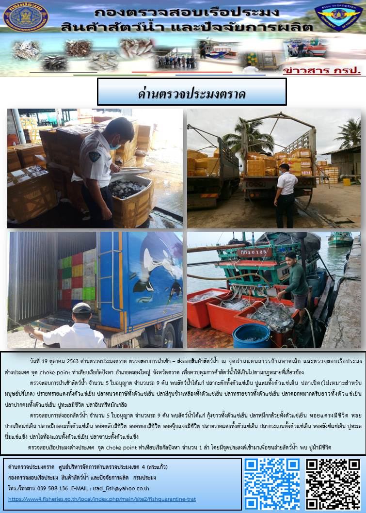 วันที่ 19 ตุลาคม 2563 ด่านตรวจประมงตราด ตรวจสอบการนำเข้า – ส่งออกสินค้าสัตว์น้ำ ณ จุดผ่านแดนถาวรบ้านหาดเล็ก  ตรวจสอบเรือประมงต่างประเทศ  จุด choke point ท่าเทียบเรือกัลปังหา อำเภอคลองใหญ่ จังหวัดตราด และ ตรวจสอบเรือประมงไทย ที่แจ้งเข้า - ออกผ่านระบบ Fishing info2 ร่วมกับชุดสหวิชาชีพ กรมเจ้าท่า กรมจัดหางาน กรมสวัสดิการ และคุ้มครองแผนงาน และล่ามภาษากัมพูชา เขตพื้นที่อำเภอคลองใหญ่ พื้นที่อำเภอเมืองและอำเภอแหลมงอบ จังหวัดตราด..คลิก