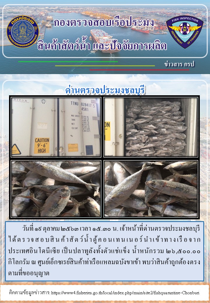 การปฏิบัติงานตรวจสอบสินค้าสัตว์น้ำตู้คอนเทรนเนอร์นำเข้าทางเรือประจำวันที่19 ตุลาคม 2563..คลิก