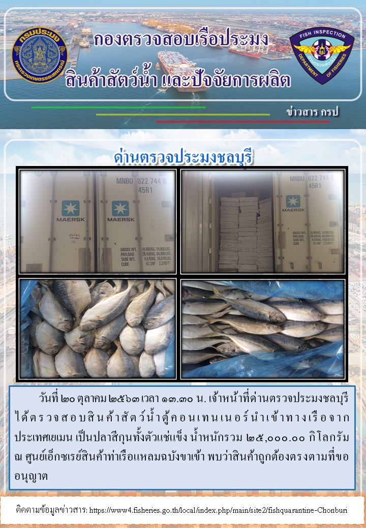 การปฏิบัติงานตรวจสอบสินค้าสัตว์น้ำตู้คอนเทรนเนอร์นำเข้าทางเรือประจำวันที่ 20 ตุลาคม 2563..คลิก