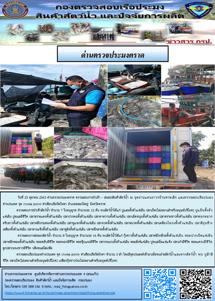 วันที่ 23 ตุลาคม 2563 ด่านตรวจประมงตราด ตรวจสอบการนำเข้า – ส่งออกสินค้าสัตว์น้ำและผลิตภัณฑ์สัตว์น้ำ ณ จุดผ่านแดนถาวรบ้านหาดเล็ก  ตรวจสอบเรือประมงต่างประเทศ  จุด choke point ท่าเทียบเรือกัลปังหา อำเภอคลองใหญ่ จังหวัดตราด และ ตรวจสอบเรือประมงไทย ที่แจ้งเข้า - ออกผ่านระบบ Fishing info2 ร่วมกับชุดสหวิชาชีพ กรมเจ้าท่า กรมจัดหางาน กรมสวัสดิการ และคุ้มครองแผนงาน และล่ามภาษากัมพูชา เขตพื้นที่อำเภอคลองใหญ่ พื้นที่อำเภอเมืองและอำเภอแหลมงอบ จังหวัดตราด..คลิก