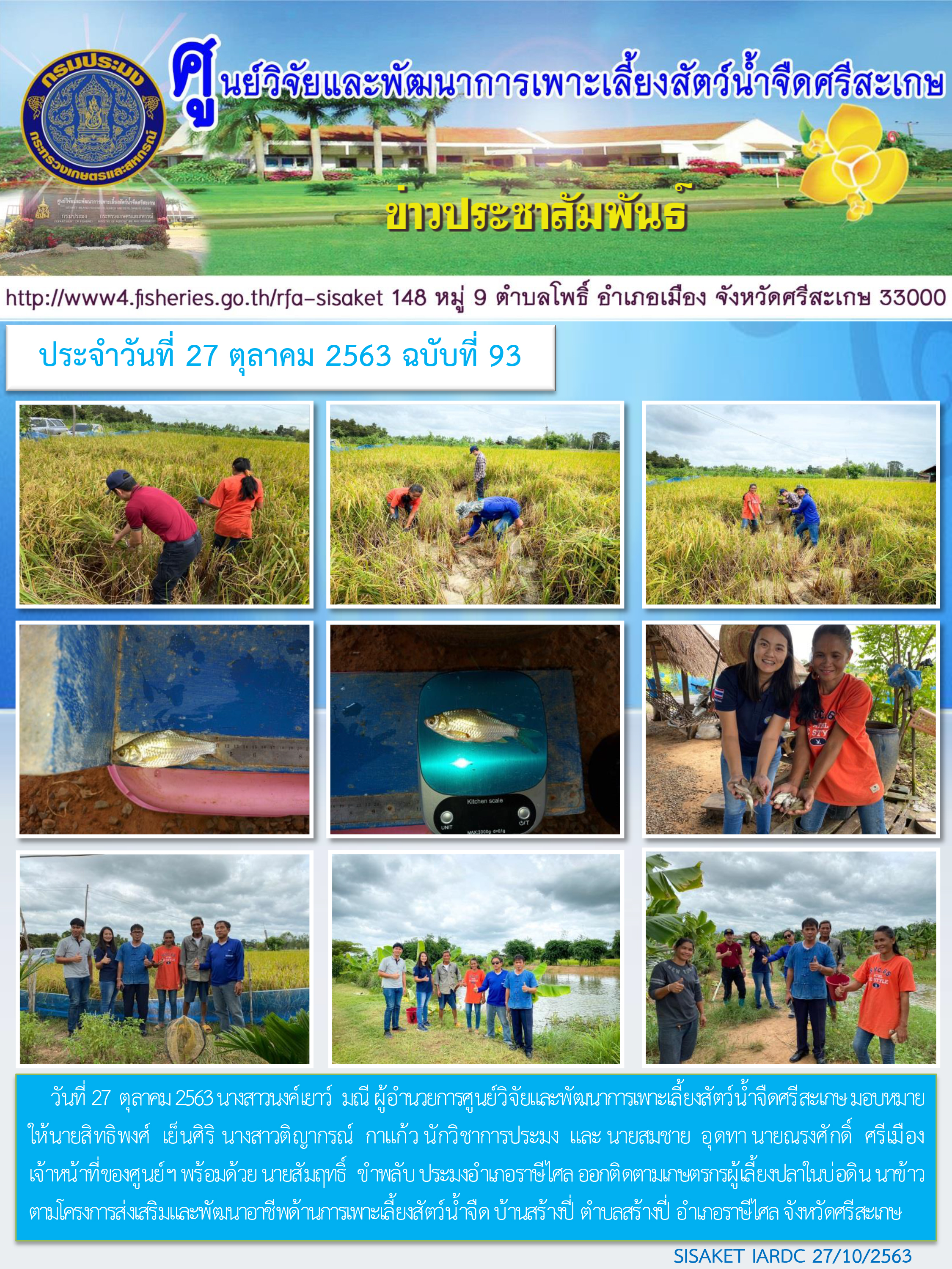 ข่าวประชาสัมพันธ์ประจำวันที่ 27 ตุลาคม 2563 ศูนย์วิจัยและพัฒนาการเพาะเลี้ยงสัตว์น้ำจืดศรีสะเกษ ปักษ์หลัง ฉบับที่ 93..คลิก