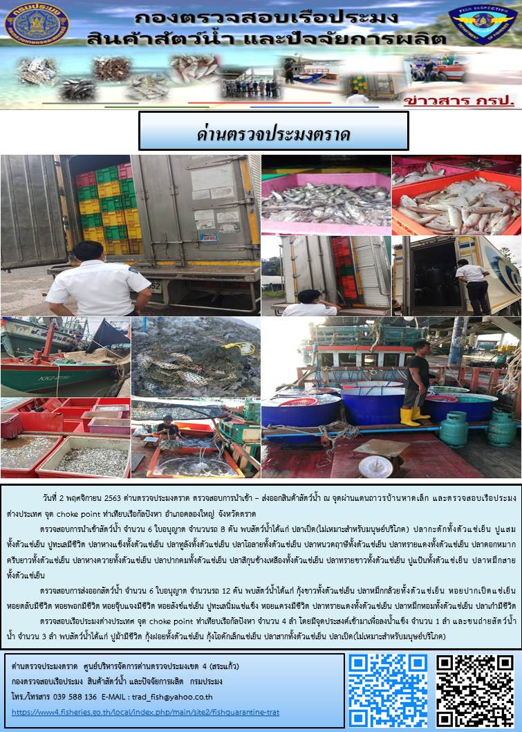 วันที่ 2 พฤศจิกายน 2563 ด่านตรวจประมงตราด ตรวจสอบการนำเข้า – ส่งออกสินค้าสัตว์น้ำ ณ จุดผ่านแดนถาวรบ้านหาดเล็ก  ตรวจสอบเรือประมงต่างประเทศ  จุด choke point ท่าเทียบเรือกัลปังหา อำเภอคลองใหญ่ จังหวัดตราด และ ตรวจสอบเรือประมงไทย ที่แจ้งเข้า - ออกผ่านระบบ Fishing info2 ร่วมกับชุดสหวิชาชีพ กรมเจ้าท่า กรมจัดหางาน กรมสวัสดิการ และคุ้มครองแผนงาน และล่ามภาษากัมพูชา เขตพื้นที่อำเภอคลองใหญ่ พื้นที่อำเภอเมืองและอำเภอแหลมงอบ จังหวัดตราด..คลิก