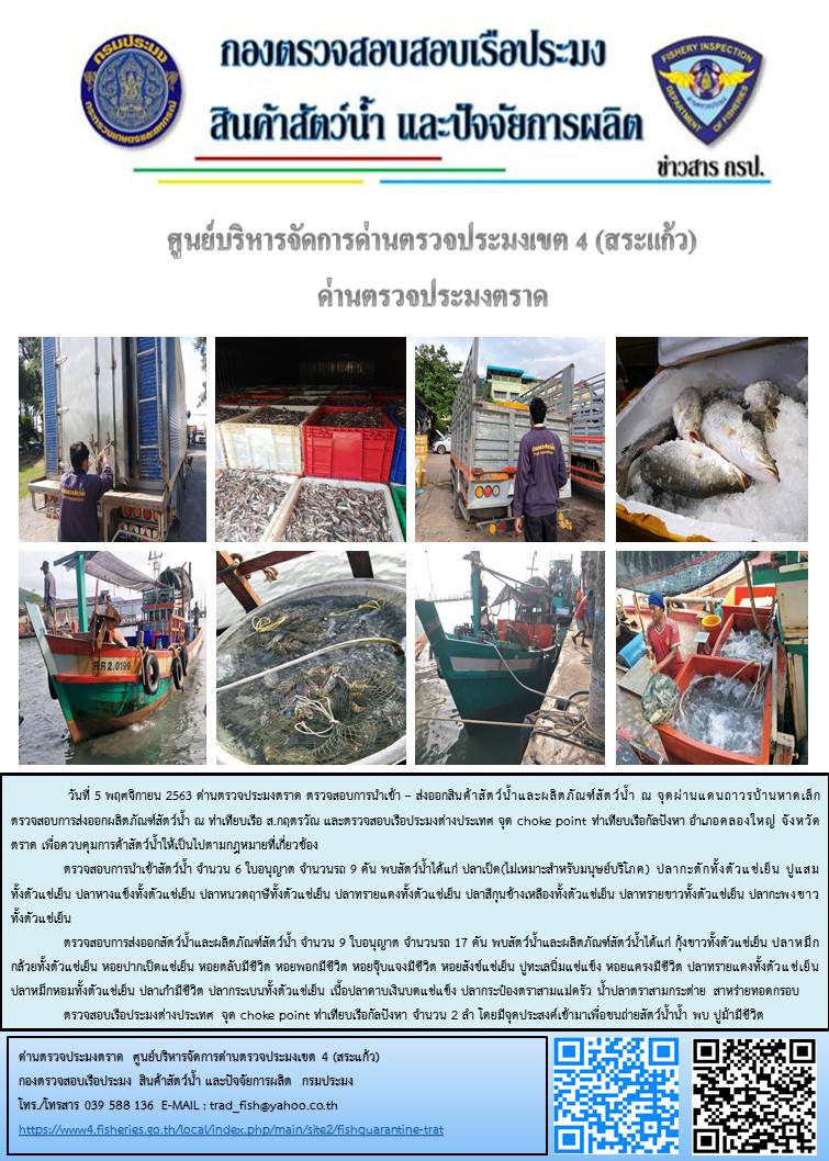 วันที่ 5 พฤศจิกายน 2563 ด่านตรวจประมงตราด ตรวจสอบการนำเข้า – ส่งออกสินค้าสัตว์น้ำและผลิตภัณฑ์สัตว์น้ำ ณ จุดผ่านแดนถาวรบ้านหาดเล็ก ตรวจสอบการส่งออกผลิตภัณฑ์สัตว์น้ำ ณ ท่าเทียบเรือ ส.กฤตรวัณ และตรวจสอบเรือประมงต่างประเทศ จุด choke point ท่าเทียบเรือกัลปังหา อำเภอคลองใหญ่ จังหวัดตราด และ ตรวจสอบเรือประมงไทย ที่แจ้งเข้า - ออกผ่านระบบ Fishing info2 ร่วมกับชุดสหวิชาชีพ กรมเจ้าท่า กรมจัดหางาน กรมสวัสดิการ และคุ้มครองแผนงาน และล่ามภาษากัมพูชา เขตพื้นที่อำเภอคลองใหญ่ พื้นที่อำเภอเมืองและอำเภอแหลมงอบ จังหวัดตราด..คลิก