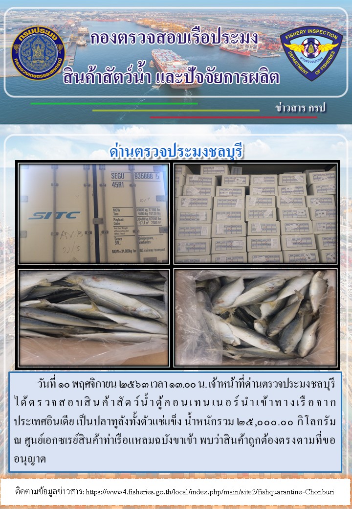 การปฏิบัติงานตรวจสอบสินค้าสัตว์น้ำตู้คอนเทรนเนอร์นำเข้าทางเรือประจำวันที่ 10 พฤศจิกายน 2563..คลิก
