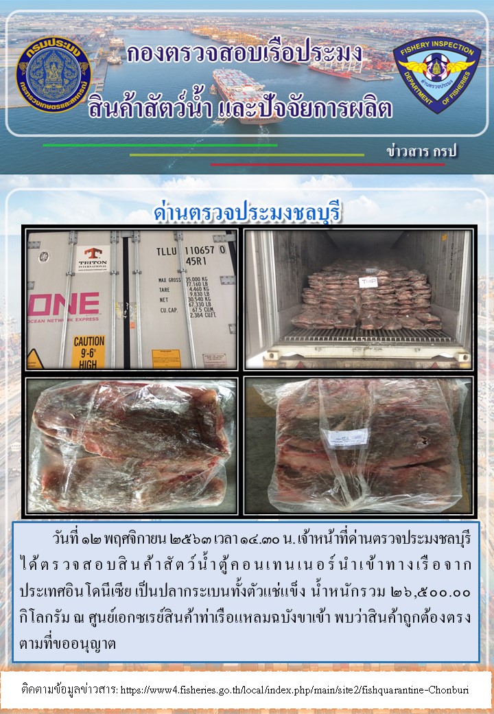 การปฏิบัติงานตรวจสอบสินค้าสัตว์น้ำตู้คอนเทรนเนอร์นำเข้าทางเรือประจำวันที่ 12 พฤศจิกายน 2563..คลิก