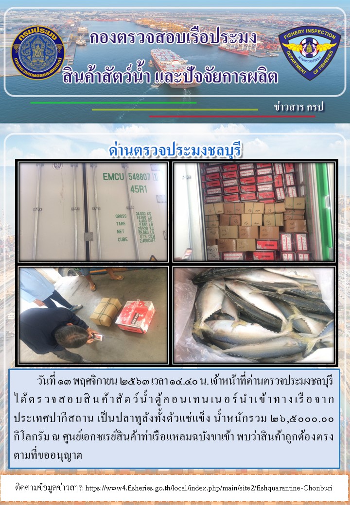 การปฏิบัติงานตรวจสอบสินค้าสัตว์น้ำตู้คอนเทรนเนอร์นำเข้าทางเรือประจำวันที่ 13 พฤศจิกายน 2563..คลิก