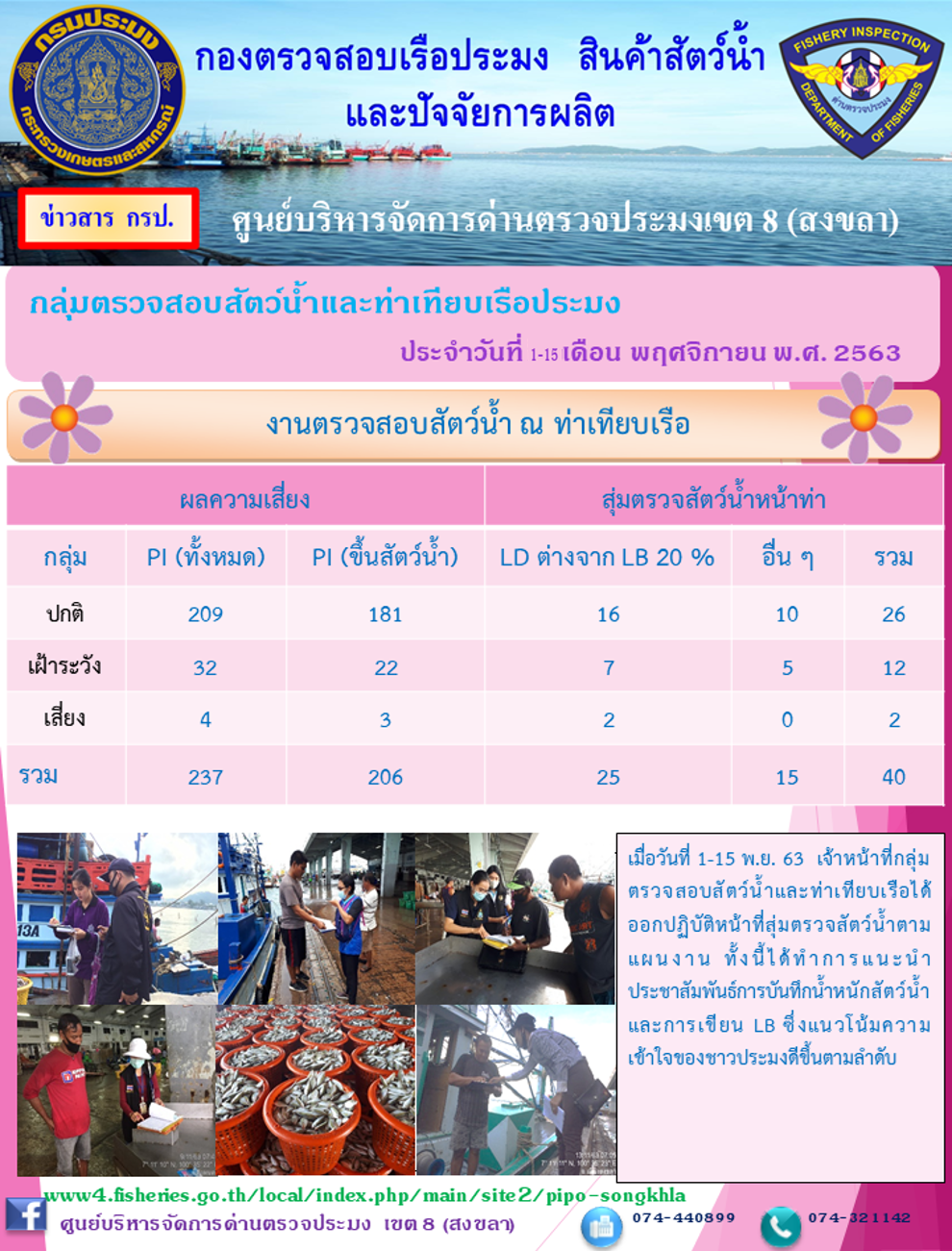รายงานการตรวจสอบสัตว์น้ำ ณ ท่าเทียบเรือ ประจำวันที่ 1-15 พฤศจิกายน 2563 ของศูนย์บริหารจัดการด่านตรวจประมงเขต 8 (สงขลา)..คลิก