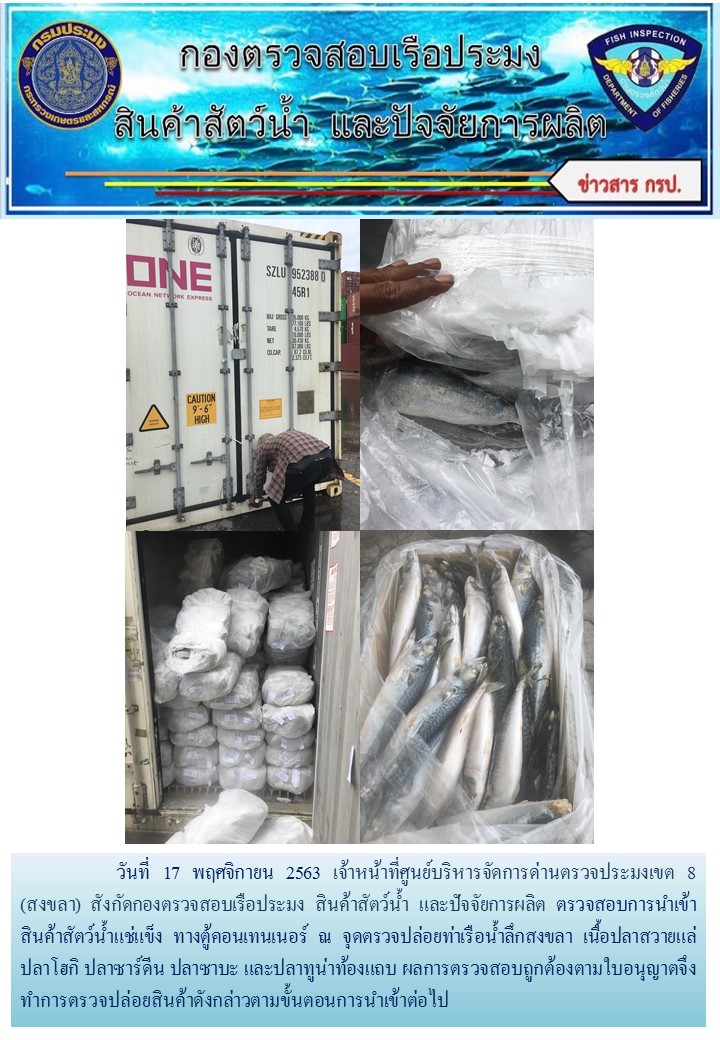 เจ้าหน้าที่ศูนย์บริหารจัดการด่านตรวจประมงเขต 8 (สงขลา) สังกัดกองตรวจสอบเรือประมง สินค้าสัตว์น้ำ และปัจจัยการผลิต  ตรวจสอบการนำเข้าสินค้าสัตว์น้ำประเภทตู้คอนเทนเนอร์ ณ จุดตรวจปล่อยท่าเรือน้ำลึกสงขลา..คลิก