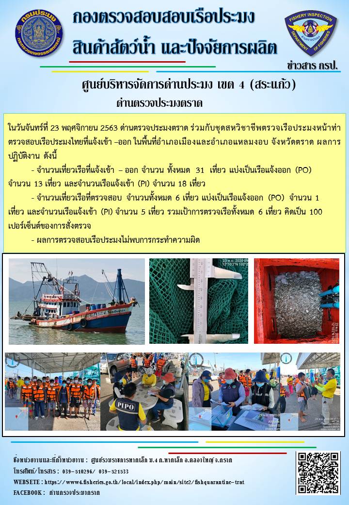 วันที่ 23 พฤศจิกายน 2563 ด่านตรวจประมงตราด ตรวจสอบการนำเข้า – ส่งออกสินค้าสัตว์น้ำ ณ จุดผ่านแดนถาวรบ้านหาดเล็ก ตรวจสอบการส่งออกผลิตภัณฑ์สัตว์น้ำ ณ ท่าเทียบเรือ ส.กฤตรวัณ และตรวจสอบเรือประมงต่างประเทศ จุด choke point ท่าเทียบเรือกัลปังหา อำเภอคลองใหญ่ จังหวัดตราด และ ตรวจสอบเรือประมงไทย ที่แจ้งเข้า - ออกผ่านระบบ Fishing info2 ร่วมกับชุดสหวิชาชีพ กรมเจ้าท่า กรมจัดหางาน กรมสวัสดิการ และคุ้มครองแผนงาน และล่ามภาษากัมพูชา เขตพื้นที่อำเภอเมืองและอำเภอแหลมงอบ จังหวัดตราด..คลิก