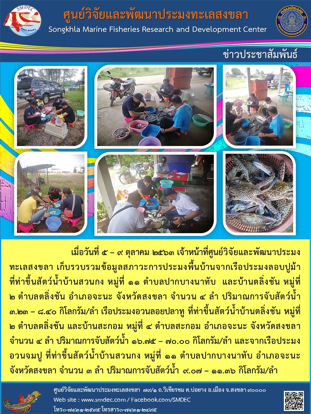 เมื่อวันที่ 5 – 9 ตุลาคม 2563 เจ้าหน้าที่ศูนย์วิจัยและพัฒนาประมงทะเลสงขลา เก็บรวบรวมข้อมูลสภาวะการประมงพื้นบ้านจากเรือประมงลอบปูม้า ที่ท่าขึ้นสัตว์น้ำบ้านสวนกง หมู่ที่ 11 ตำบลปากบางนาทับ  และบ้านตลิ่งชัน หมู่ที่ 2 ตำบลตลิ่งชัน อำเภอจะนะ จังหวัดสงขลา จำนวน 4 ลำ..คลิก