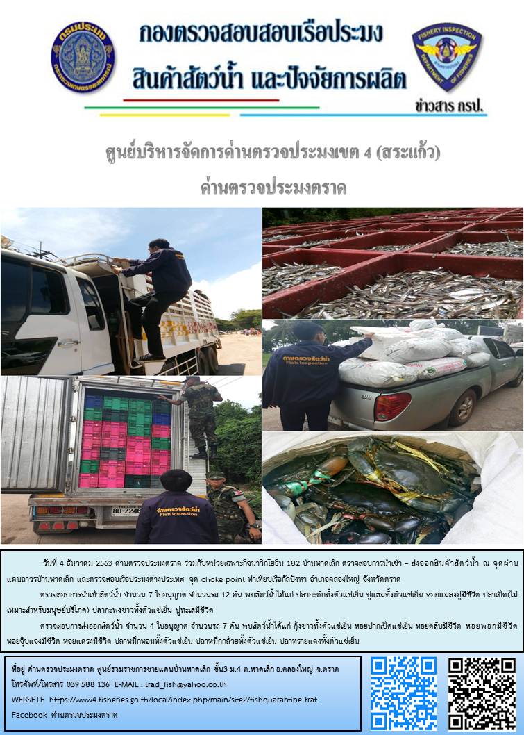 วันที่ 4 ธันวาคม 2563 ด่านตรวจประมงตราด ตรวจสอบการนำเข้า – ส่งออกสินค้าสัตว์น้ำ ณ จุดผ่านแดนถาวรบ้านหาดเล็ก อำเภอคลองใหญ่ จังหวัดตราด และ ตรวจสอบเรือประมงไทย ที่แจ้งเข้า - ออกผ่านระบบ Fishing info2 ร่วมกับชุดสหวิชาชีพ กรมเจ้าท่า กรมจัดหางาน กรมสวัสดิการ และคุ้มครองแผนงาน และล่ามภาษากัมพูชา เขตพื้นที่อำเภอคลองใหญ่ พื้นที่อำเภอเมืองและอำเภอแหลมงอบ จังหวัดตราด..คลิก
