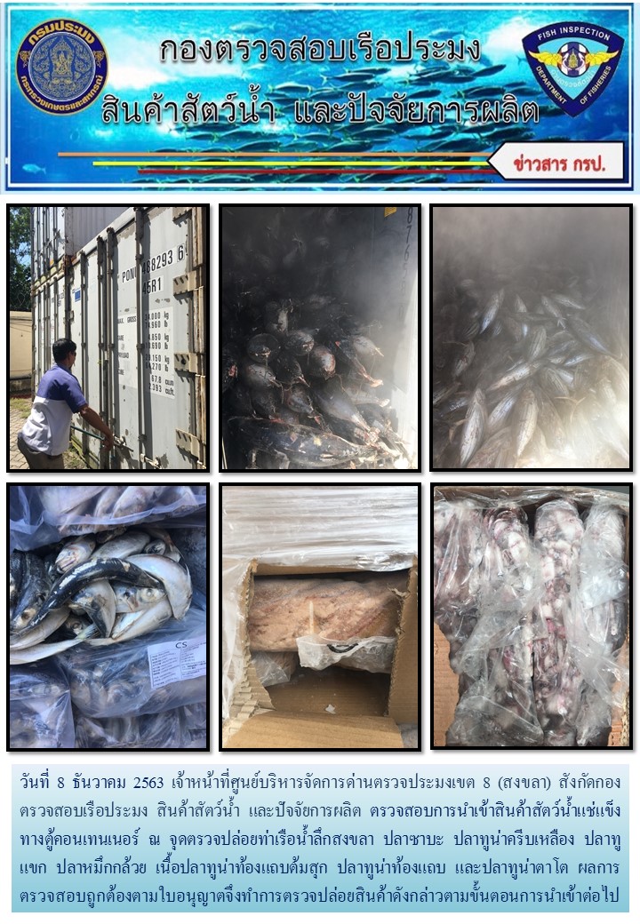 เจ้าหน้าที่ศูนย์บริหารจัดการด่านตรวจประมงเขต 8 (สงขลา) สังกัดกองตรวจสอบเรือประมง สินค้าสัตว์น้ำ และปัจจัยการผลิต ตรวจสอบการนำเข้าสินค้าสัตว์น้ำประเภทตู้คอนเทนเนอร์ ณ จุดตรวจปล่อยท่าเรือน้ำลึกสงขลา..คลิก