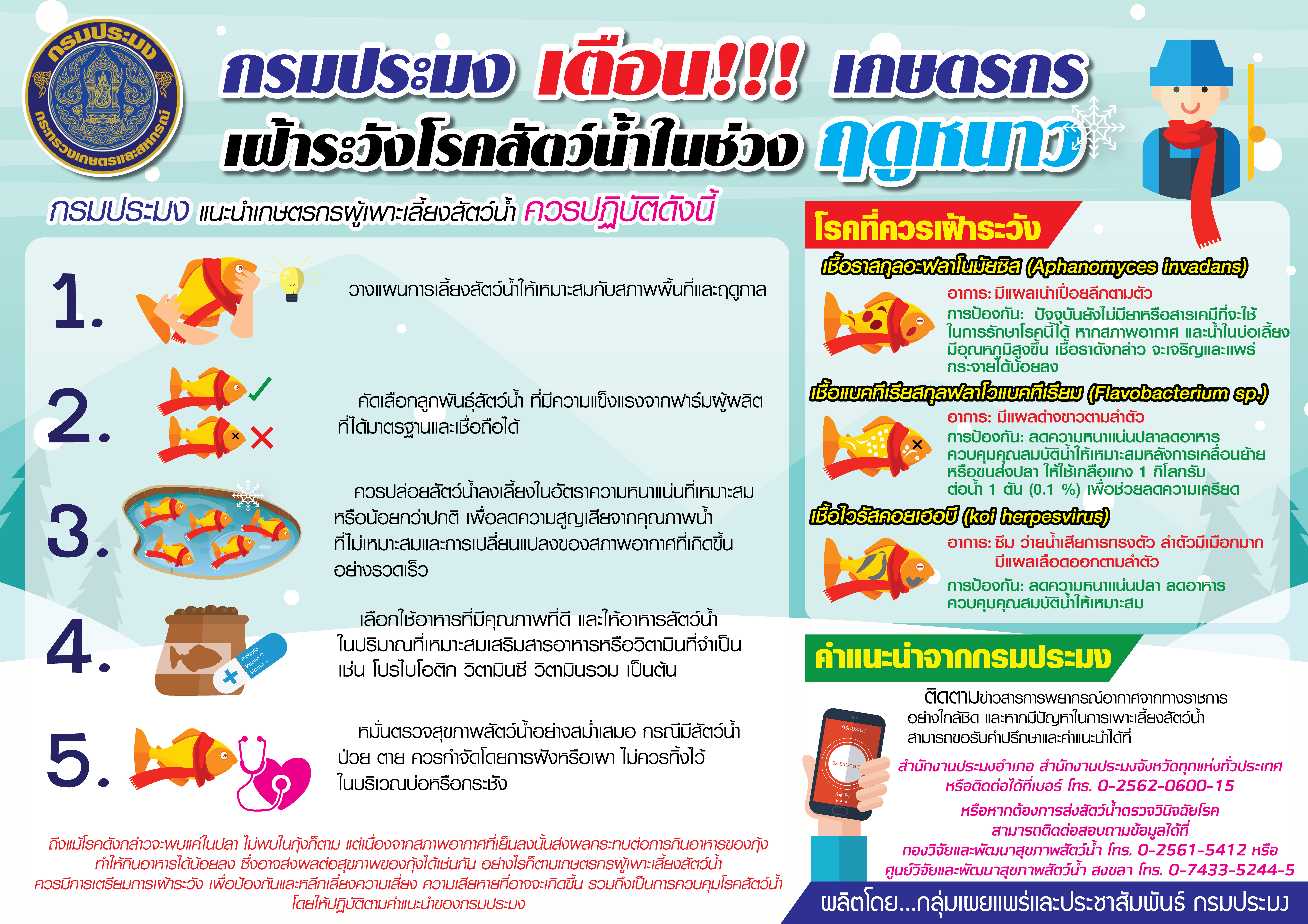 ศูนย์วิจัยและพัฒนาการเพาะเลี้ยงสัตว์น้ำจืดสระบุรี เตือนเกษตรกร เฝ้าระวังโรคสัตว์น้ำในช่วงฤดูหนาว..คลิก
