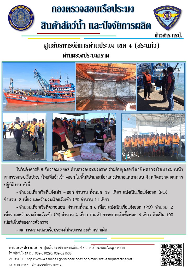วันที่ 8 ธันวาคม 2563 ด่านตรวจประมงตราด ตรวจสอบการนำเข้า – ส่งออกสินค้าสัตว์น้ำ ณ จุดผ่านแดนถาวรบ้านหาดเล็ก ตรวจสอบเรือประมงต่างประเทศ จุด choke point ท่าเทียบเรือกัลปังหา อำเภอคลองใหญ่ จังหวัดตราด และ ตรวจสอบเรือประมงไทย ที่แจ้งเข้า - ออกผ่านระบบ Fishing info2 ร่วมกับชุดสหวิชาชีพ กรมเจ้าท่า กรมจัดหางาน กรมสวัสดิการ และคุ้มครองแผนงาน และล่ามภาษากัมพูชา เขตพื้นที่อำเภอคลองใหญ่ พื้นที่อำเภอเมืองและอำเภอแหลมงอบ จังหวัดตราด..คลิก