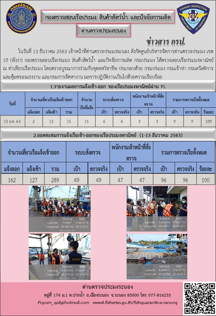 ตรวจสอบเรือประมงพาณิชย์ ณ ท่าเทียบเรือประมง โดยตรวจบูรณาการร่วมกับชุดสหวิชาชีพ..คลิก