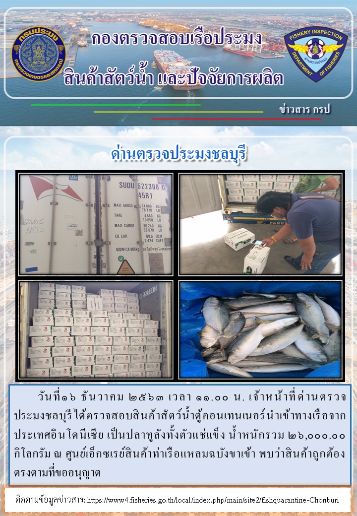 การปฏิบัติงานของเจ้าหน้าที่ด่านตรวจประมงชลบุรีประจำวันที่ 16 ธันวาคม 2563..คลิก