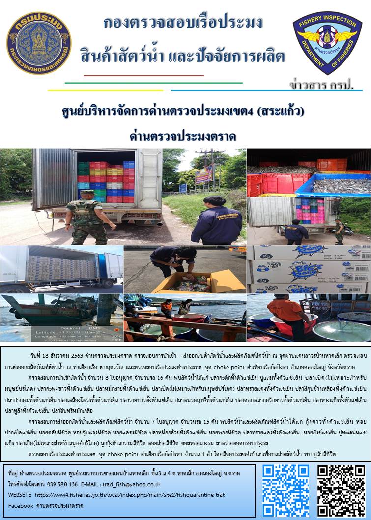 วันที่ 18 ธันวาคม 2563 ด่านตรวจประมงตราด ตรวจสอบการนำเข้า – ส่งออกสินค้าสัตว์น้ำ ณ จุดผ่านแดนถาวรบ้านหาดเล็ก ตรวจสอบการส่งออกผลิตภัณฑ์สัตว์น้ำ ณ ท่าเทียบเรือ ส.กฤตรวัณ ตรวจสอบเรือประมงต่างประเทศ จุด choke point ท่าเทียบเรือกัลปังหา อำเภอคลองใหญ่ จังหวัดตราด และ ตรวจสอบเรือประมงไทย ที่แจ้งเข้า - ออกผ่านระบบ Fishing info2 ร่วมกับชุดสหวิชาชีพ กรมเจ้าท่า กรมจัดหางาน กรมสวัสดิการ และคุ้มครองแผนงาน และล่ามภาษากัมพูชา เขตพื้นที่อำเภอคลองใหญ่ พื้นที่อำเภอเมืองและอำเภอแหลมงอบ จังหวัดตราด..คลิก