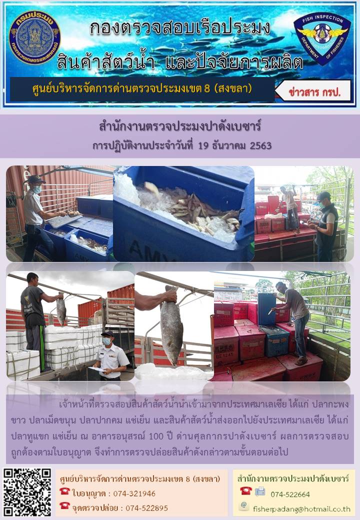 ประชาสัมพันธ์การปฏิบัติงาน ประจำวันที่ 19 ธันวาคม 2563 สำนักงานตรวจประมงปาดังเบซาร์..คลิก