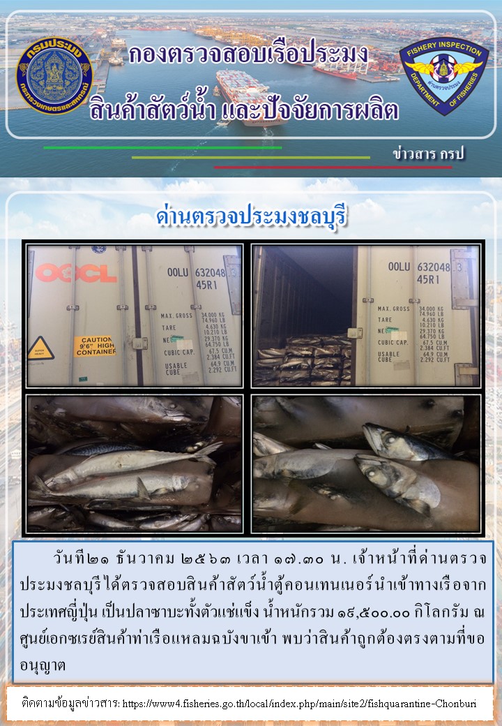 การปฏิบัติงานของเจ้าหน้าที่ด่านตรวจประมงชลบุรีประจำวันที่ 21 ธันวาคม 2563..คลิก