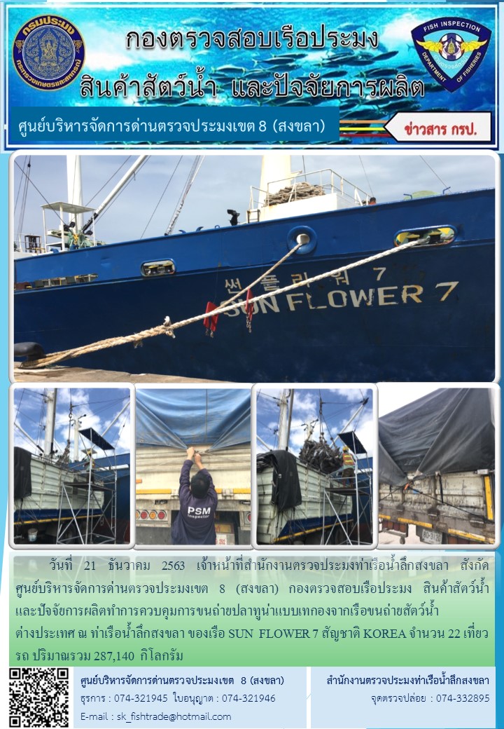 วันที่ 21 ธันวาคม 2563 เจ้าหน้าที่สำนักงานตรวจประมงท่าเรือน้ำลึกสงขลา สังกัด           ศูนย์บริหารจัดการด่านตรวจประมงเขต 8 (สงขลา) กองตรวจสอบเรือประมง สินค้าสัตว์น้ำ     และปัจจัยการผลิตทำการควบคุมการขนถ่ายปลาทูน่าแบบเทกองจากเรือขนถ่ายสัตว์น้ำต่างประเทศ ณ ท่าเรือน้ำลึกสงขลา ของเรือ SUN  FLOWER 7 สัญชาติ KOREA..คลิก