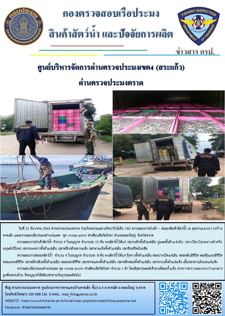 วันที่ 21 ธันวาคม 2563 ด่านตรวจประมงตราด ร่วมกับหน่วยเฉพาะกิจนาวิกโยธิน 182 ตรวจสอบการนำเข้า – ส่งออกสินค้าสัตว์น้ำ ณ จุดผ่านแดนถาวรบ้านหาดเล็ก และตรวจสอบเรือประมงต่างประเทศ จุด choke point ท่าเทียบเรือกัลปังหา อำเภอคลองใหญ่ จังหวัดตราด..คลิก