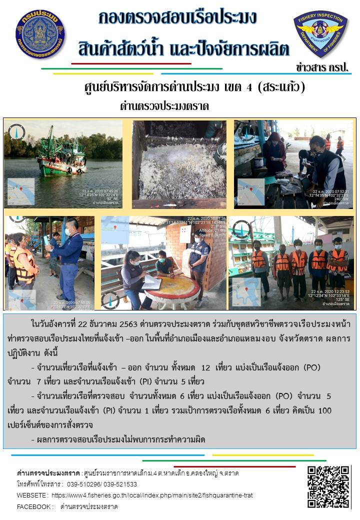 วันที่ 22 ธันวาคม 2563 ด่านตรวจประมงตราด ตรวจสอบการนำเข้า – ส่งออกสินค้าสัตว์น้ำและผลิตภัณฑ์สัตว์น้ำ ณ จุดผ่านแดนถาวรบ้านหาดเล็ก ตรวจสอบการส่งออกผลิตภัณฑ์สัตว์น้ำ ณ ท่าเทียบเรือ ส.กฤตรวัณ อำเภอคลองใหญ่ จังหวัดตราด และ ตรวจสอบเรือประมงไทย ที่แจ้งเข้า - ออกผ่านระบบ Fishing info2 ร่วมกับชุดสหวิชาชีพ กรมเจ้าท่า กรมจัดหางาน กรมสวัสดิการ และคุ้มครองแผนงาน และล่ามภาษากัมพูชา เขตพื้นที่อำเภอคลองใหญ่ อำเภอเมืองและอำเภอแหลมงอบ จังหวัดตราด..คลิก