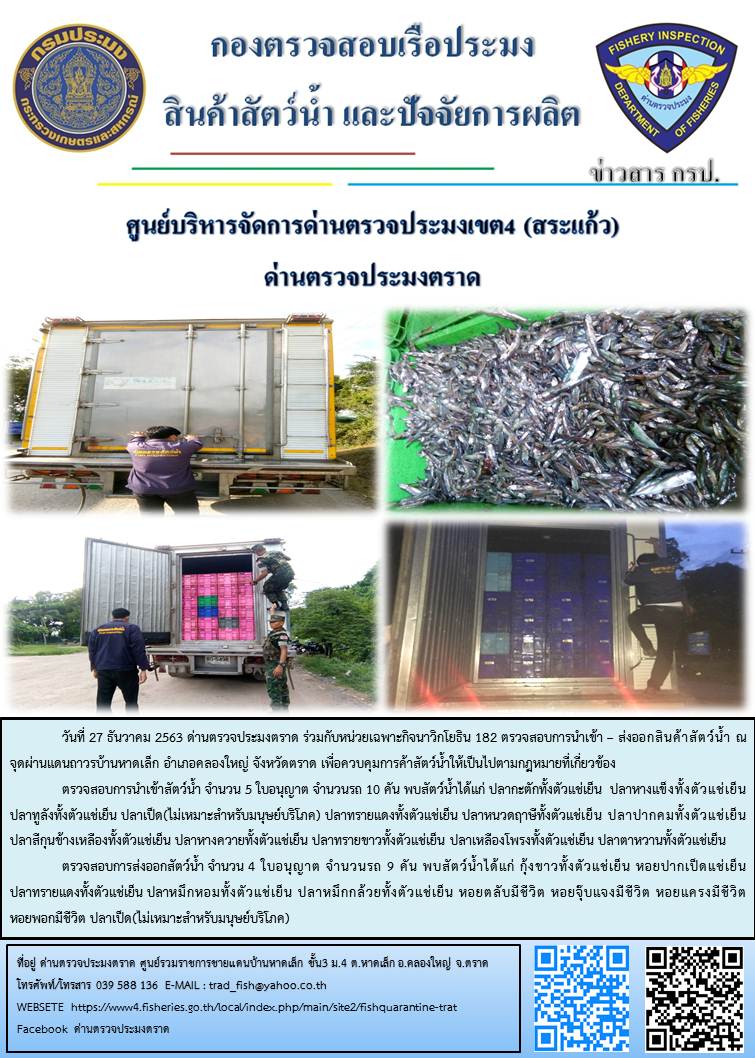 วันที่ 27 ธันวาคม 2563 ด่านตรวจประมงตราด ตรวจสอบการนำเข้า – ส่งออกสินค้าสัตว์น้ำ ณ จุดผ่านแดนถาวรบ้านหาดเล็ก อำเภอคลองใหญ่ จังหวัดตราด และ ตรวจสอบเรือประมงไทย ที่แจ้งเข้า - ออกผ่านระบบ Fishing info2 ร่วมกับชุดสหวิชาชีพ กรมเจ้าท่า กรมจัดหางาน  และล่ามภาษากัมพูชา เขตพื้นที่อำเภอคลองใหญ่  จังหวัดตราด..คลิก