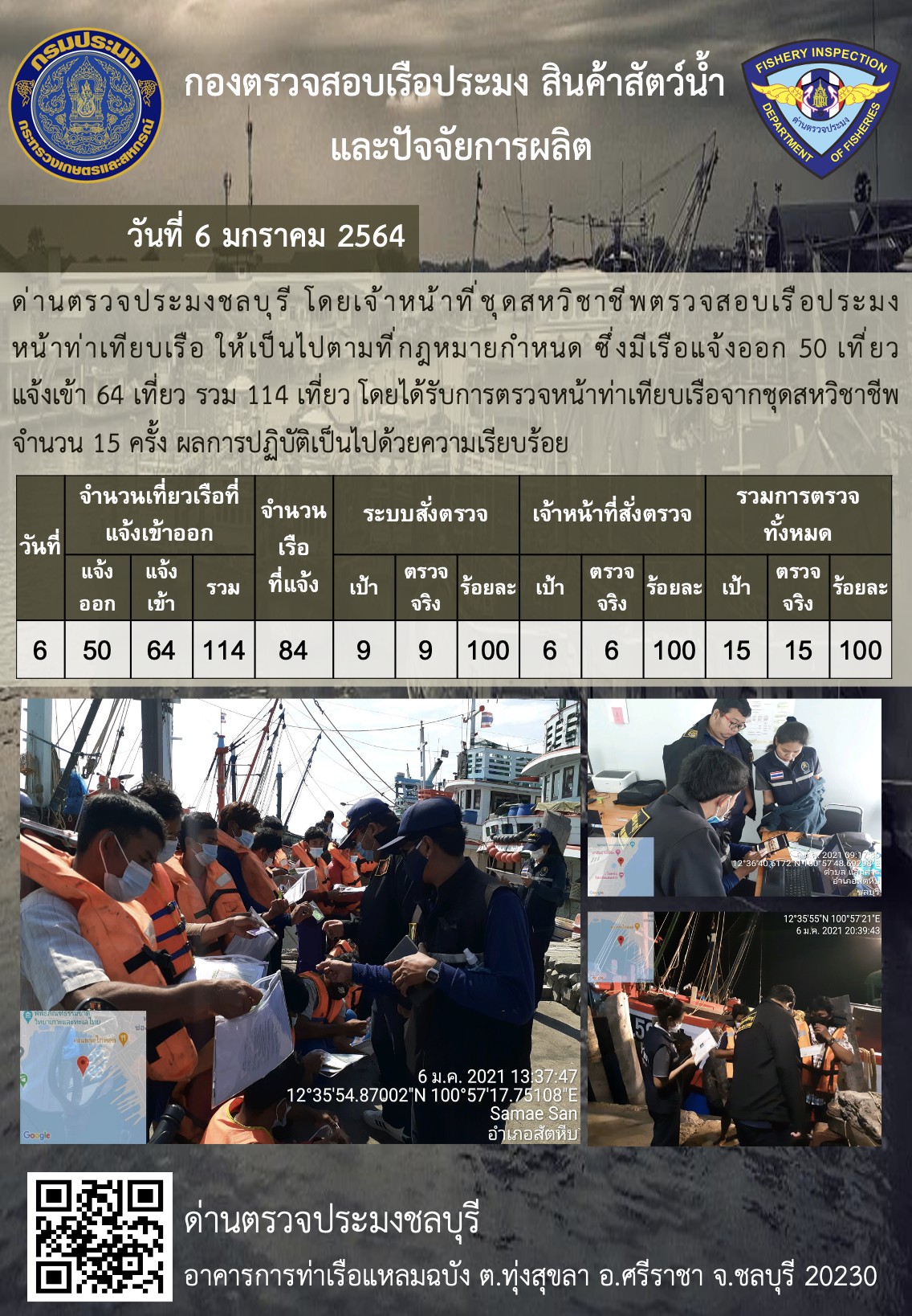 การปฏิบัติงานของเจ้าหน้าที่ด่านตรวจประมงชลบุรีประจำวันที่ 6 มกราคม 2564..คลิก