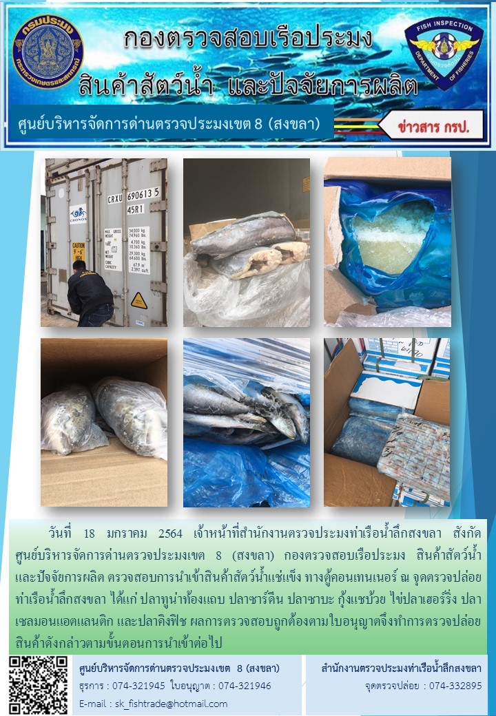วันที่ 18 มกราคม 2564 เจ้าหน้าที่สำนักงานตรวจประมงท่าเรือน้ำลึกสงขลา สังกัด           ศูนย์บริหารจัดการด่านตรวจประมงเขต 8 (สงขลา) กองตรวจสอบเรือประมง สินค้าสัตว์น้ำ     และปัจจัยการผลิต ตรวจสอบการนำเข้าสินค้าสัตว์น้ำแช่แข็ง ทางตู้คอนเทนเนอร์ ณ จุดตรวจปล่อยท่าเรือน้ำลึกสงขลา..คลิก