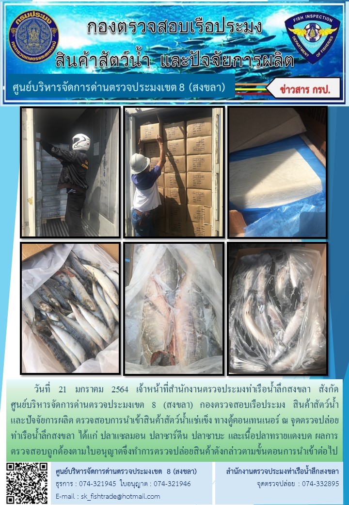 วันที่ 21 มกราคม 2564 เจ้าหน้าที่สำนักงานตรวจประมงท่าเรือน้ำลึกสงขลา สังกัด           ศูนย์บริหารจัดการด่านตรวจประมงเขต 8 (สงขลา) กองตรวจสอบเรือประมง สินค้าสัตว์น้ำ     และปัจจัยการผลิต ตรวจสอบการนำเข้าสินค้าสัตว์น้ำแช่แข็ง ทางตู้คอนเทนเนอร์ ณ จุดตรวจปล่อยท่าเรือน้ำลึกสงขลา..คลิก